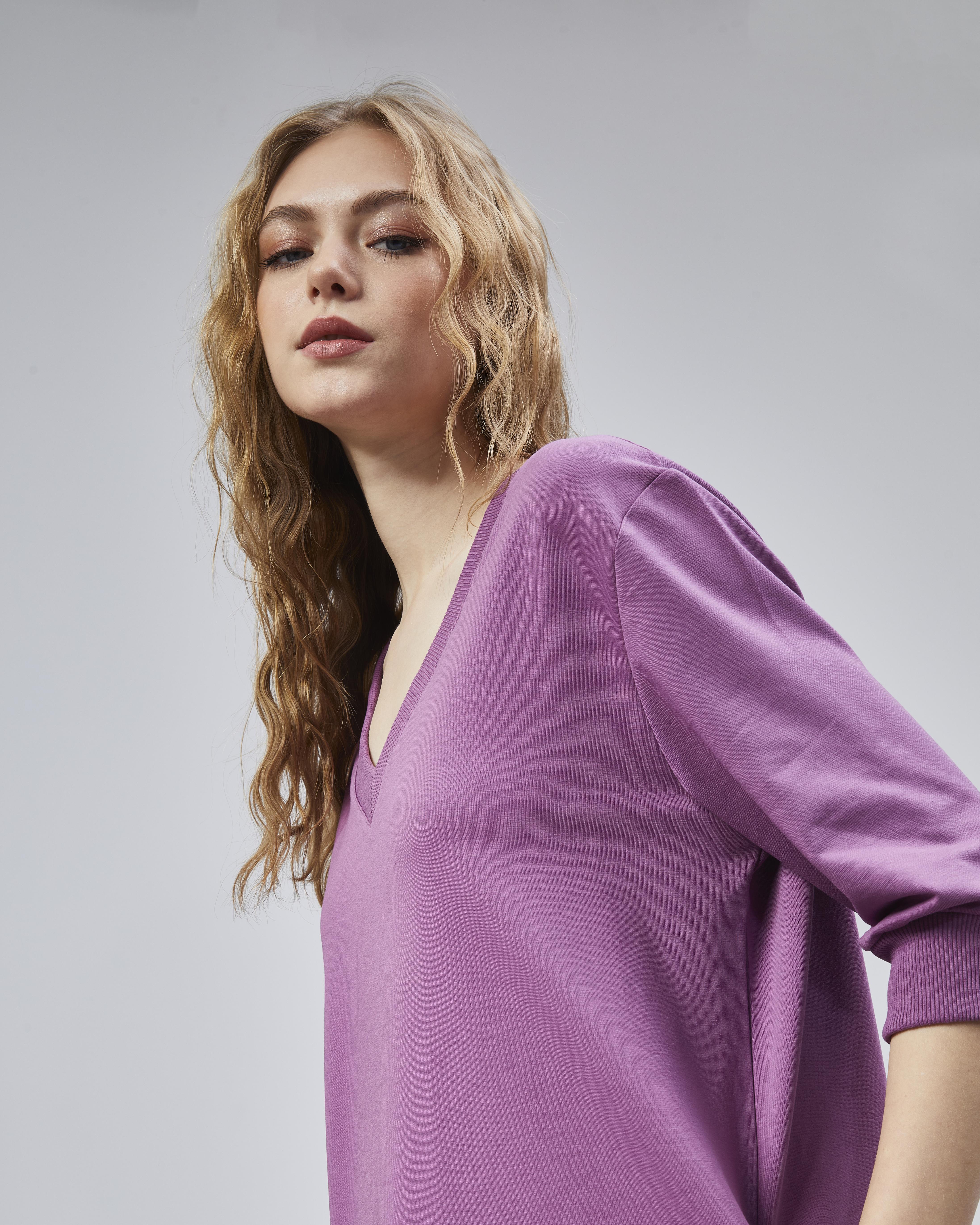 Kadın V Yaka Truvakar Kol Oversize Lila Elbise 
