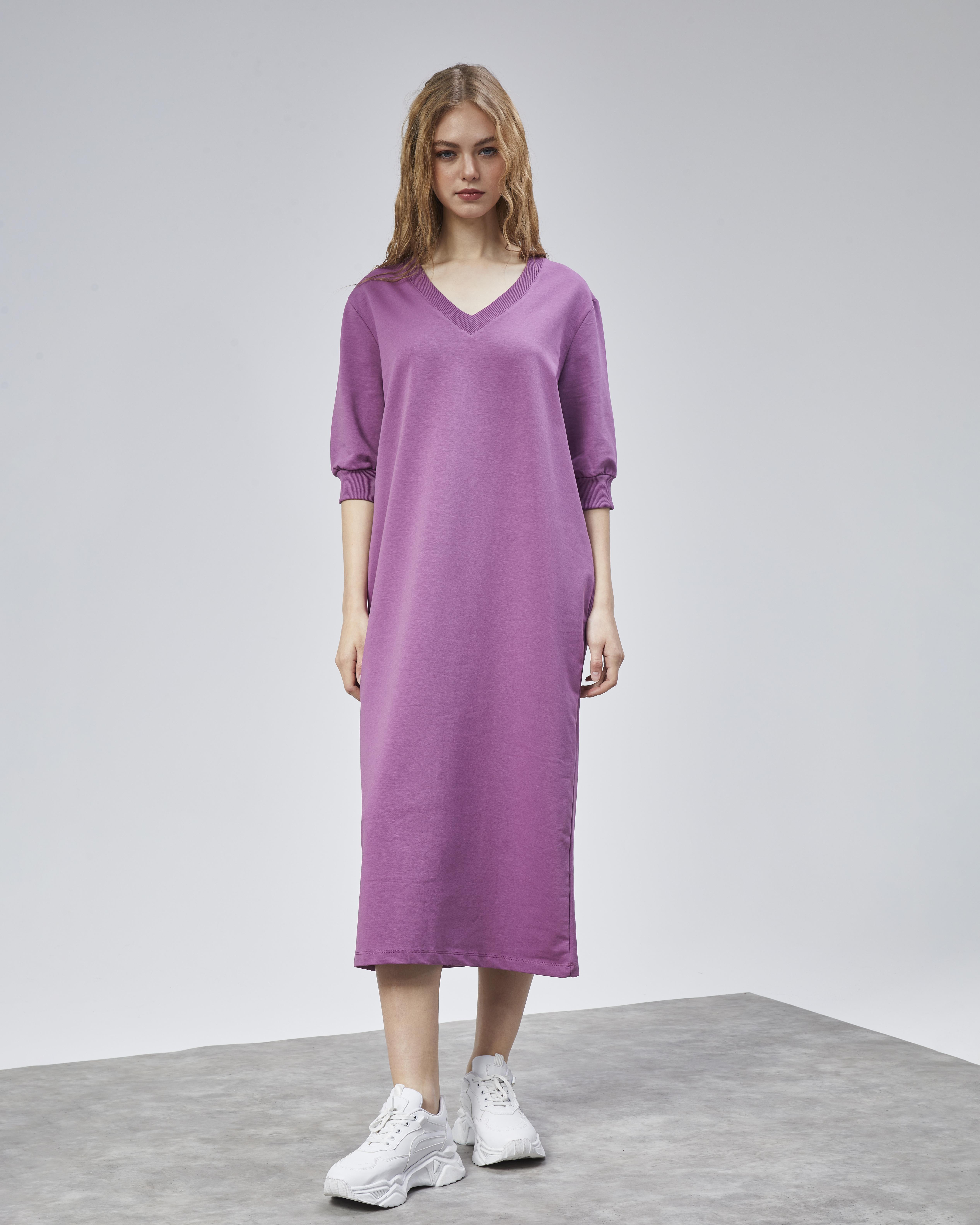 Kadın V Yaka Truvakar Kol Oversize Lila Elbise 