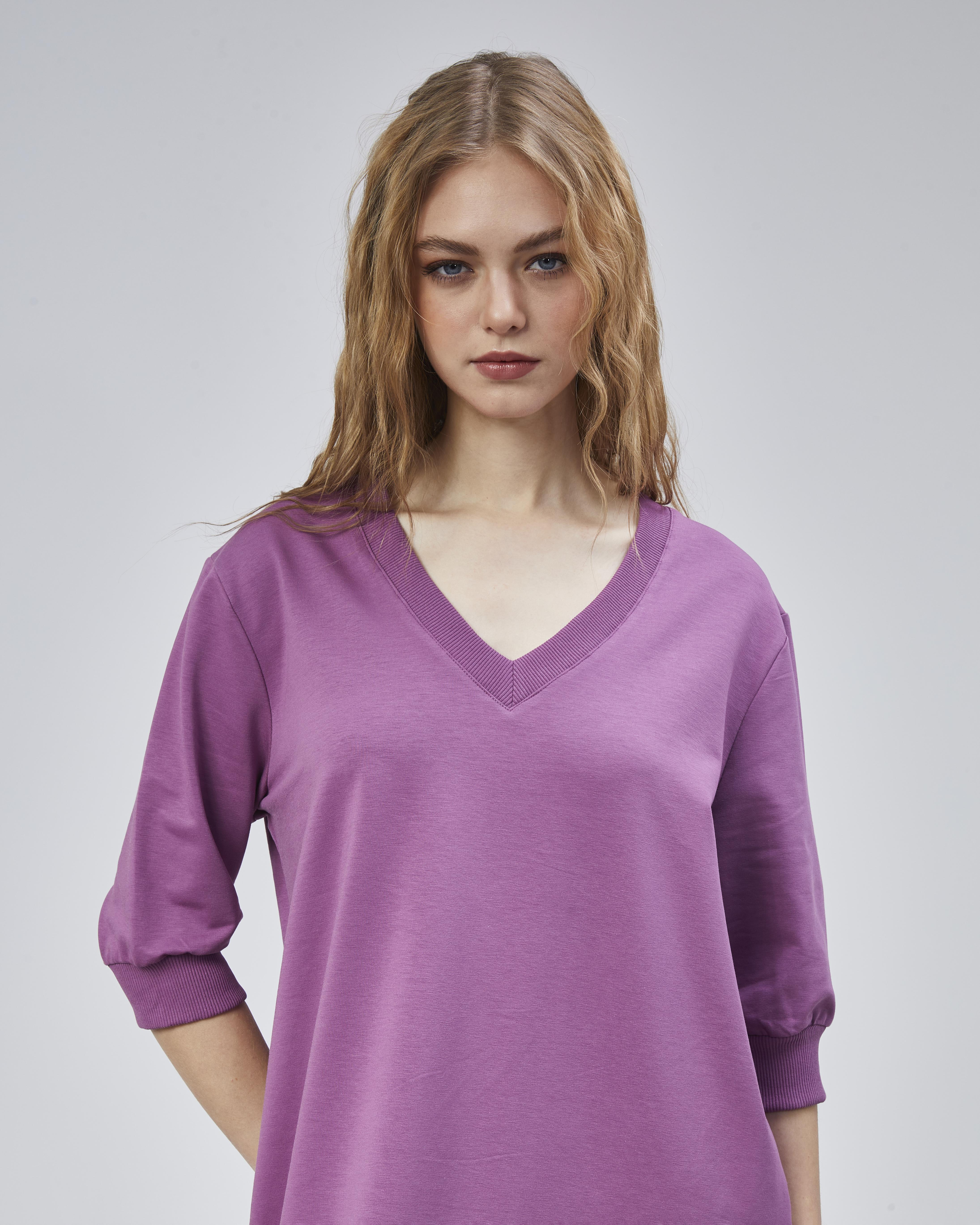 Kadın V Yaka Truvakar Kol Oversize Lila Elbise 