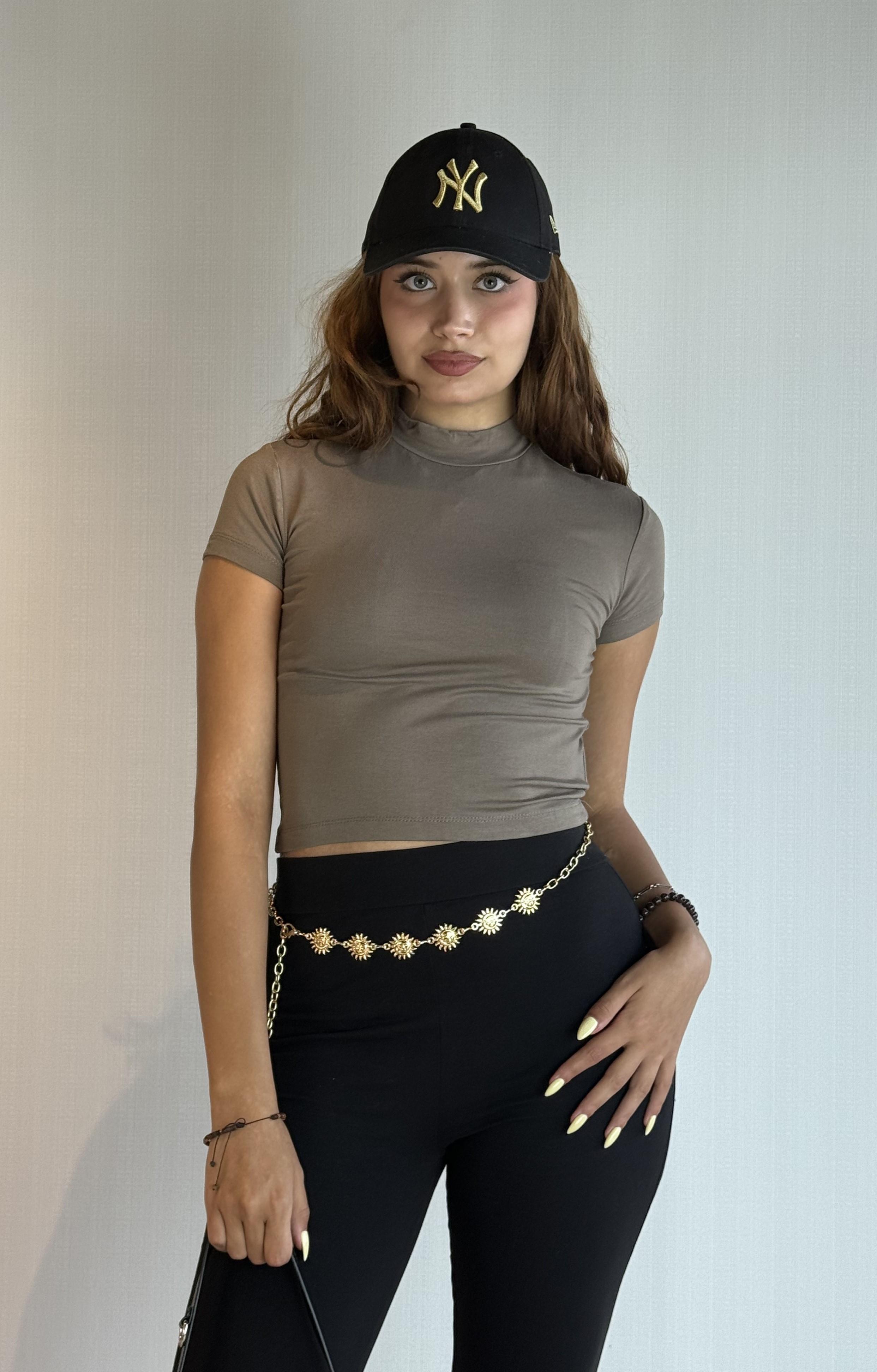 Kadın Yarım Balıkçı Yaka Viscon Kumaş Kısa Kollu Vizon Crop Bluz 