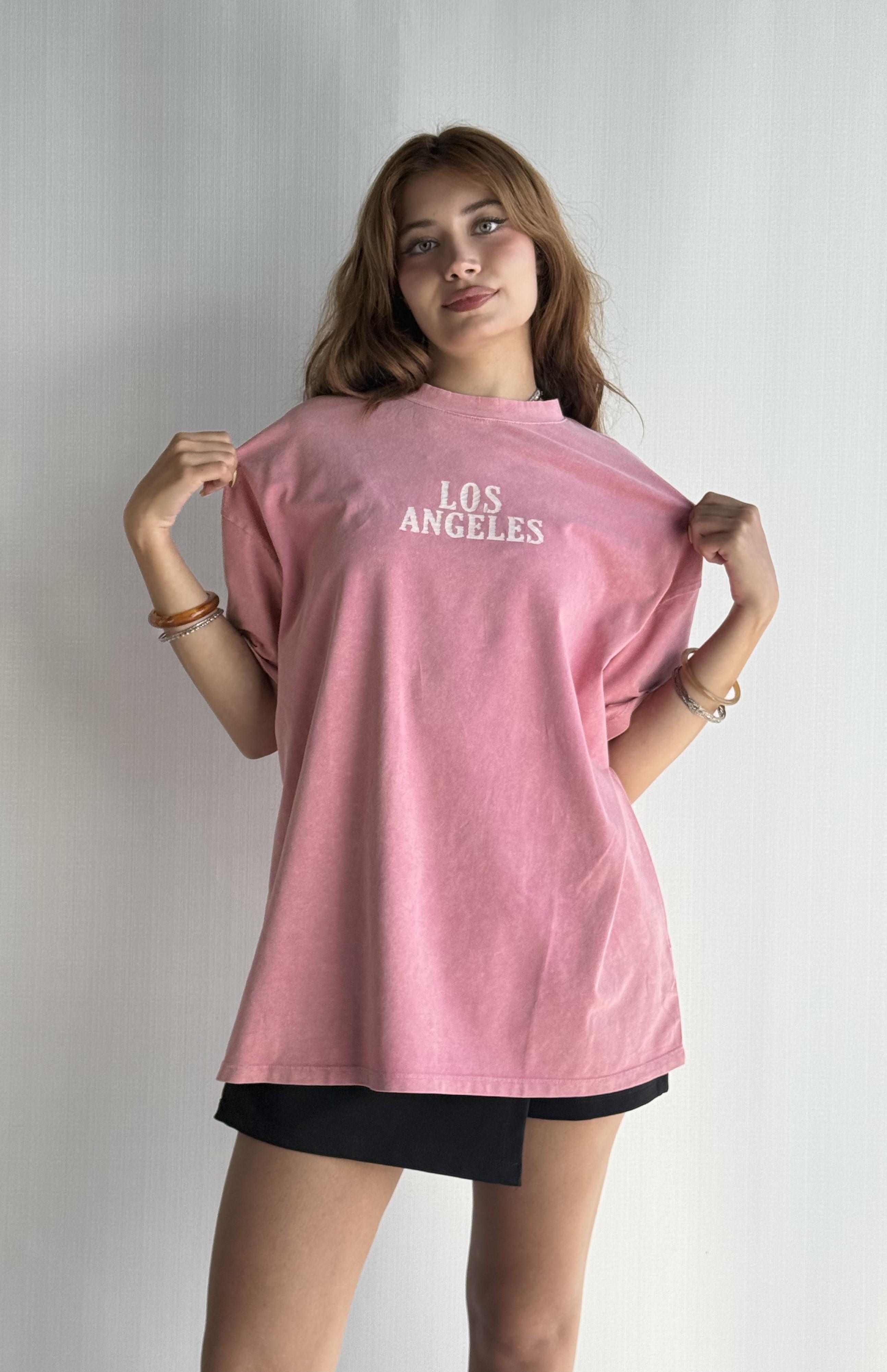 Kadın Yuvarlak Yaka Baskı Detaylı Kısa Kollu Oversize Pembe Tişört 