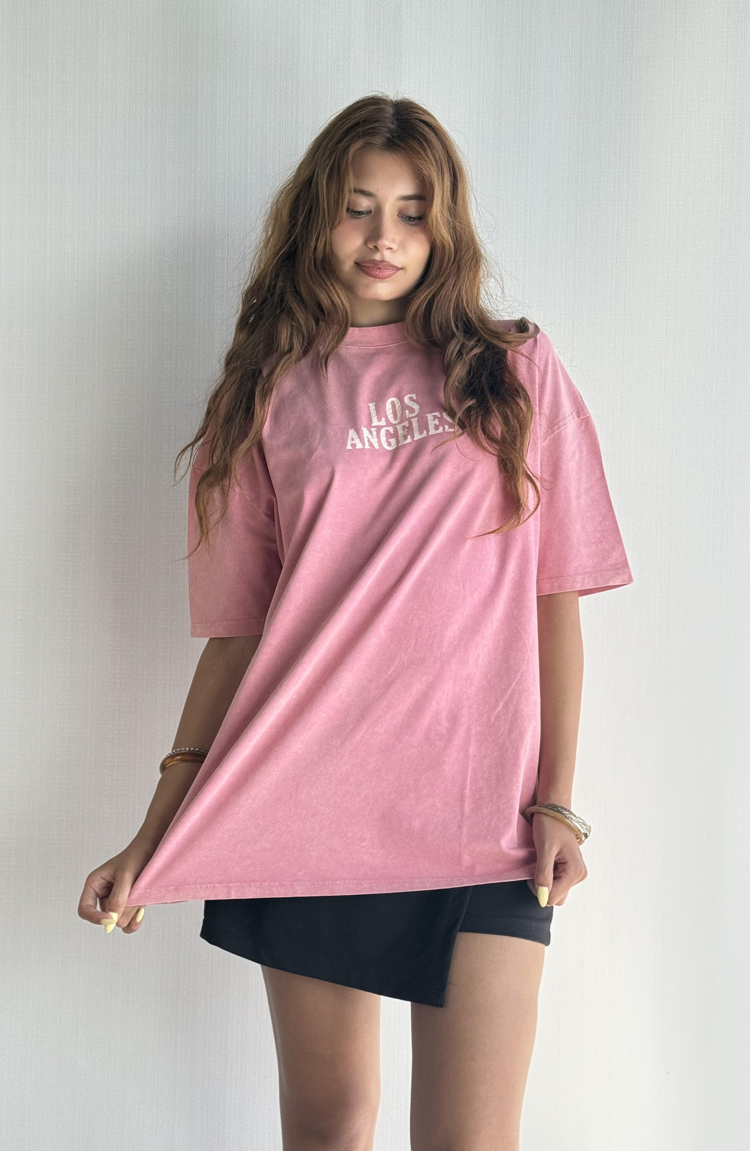 Kadın Yuvarlak Yaka Baskı Detaylı Kısa Kollu Oversize Pembe Tişört 