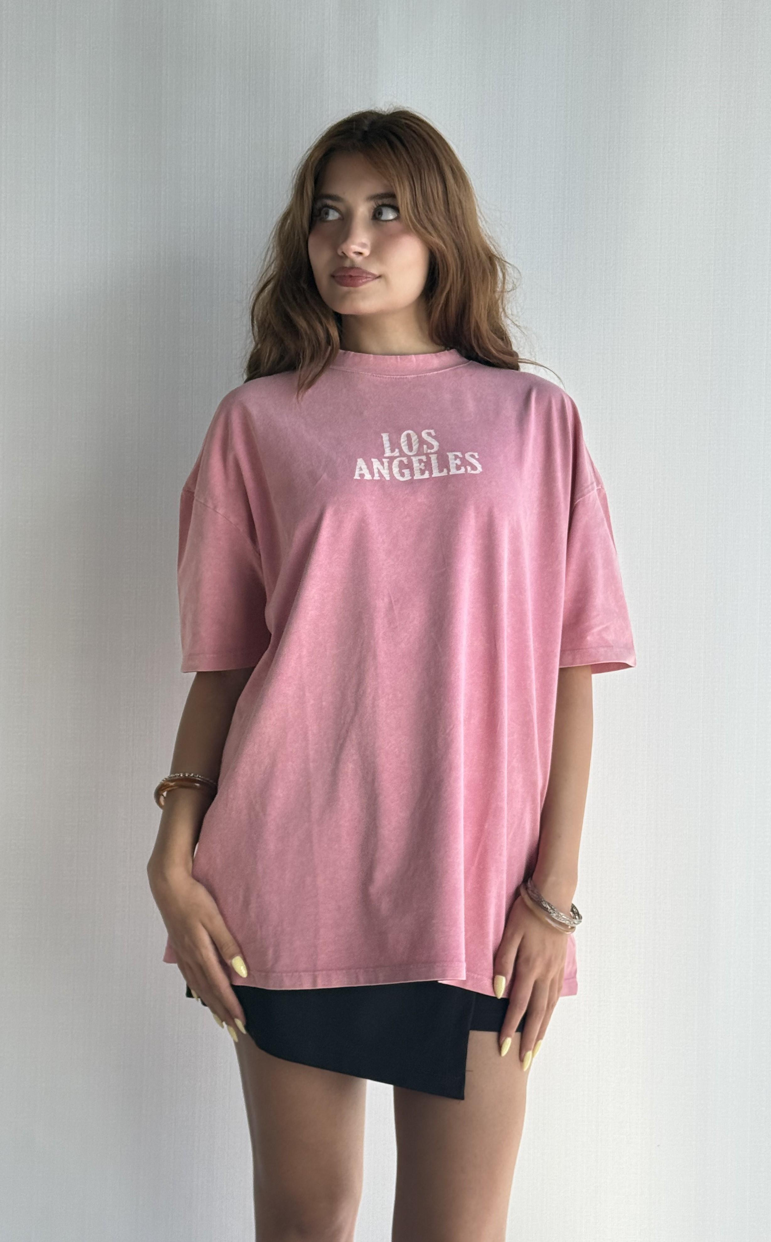 Kadın Yuvarlak Yaka Baskı Detaylı Kısa Kollu Oversize Pembe Tişört 