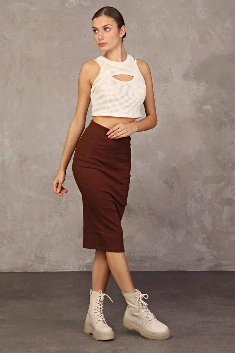 Fancy Kadın Beli Lastikli Yüksek Bel Basic Fitilli Midi Etek