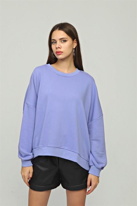 Kadın Bisiklet Yaka Üç İplikli Uzun Kollu  Oversize Basic Mor Sweatshirt 