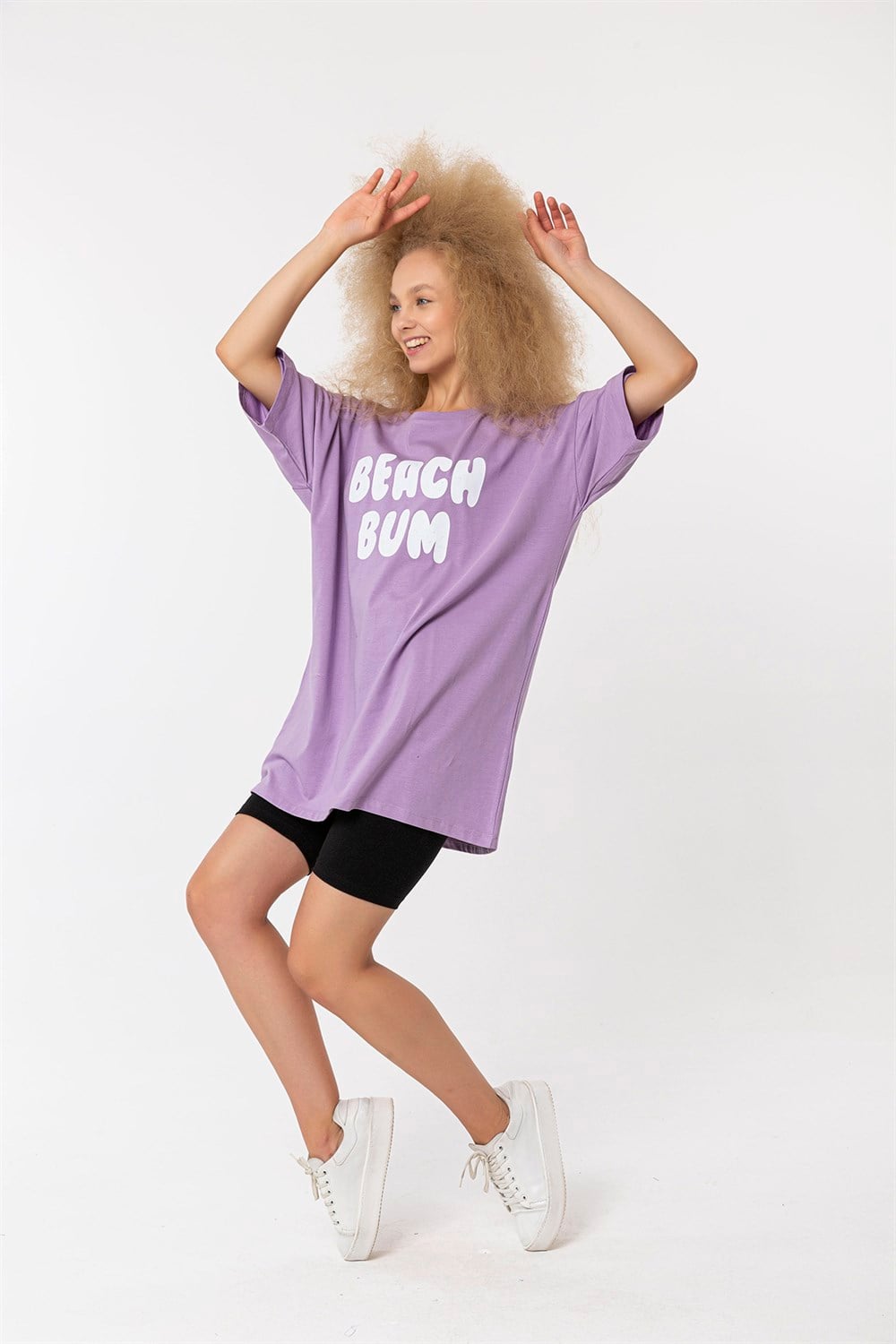 Kadın Bisiklet Yaka Baskılı Kısa Kollu Oversize Tişört 