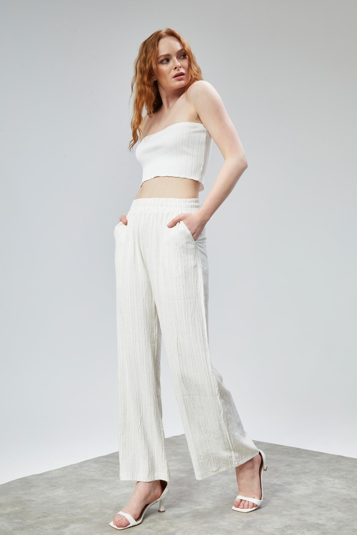 Kadın Bel Lastikli Astarlı Cep Detaylı Bol Pantolon 