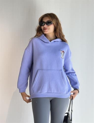  Kadın Kapüşonlu Baskı Detaylı Kanguru Cepli Oversize Lila Sweatshirt 