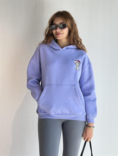  Kadın Kapüşonlu Baskı Detaylı Kanguru Cepli Oversize Lila Sweatshirt 