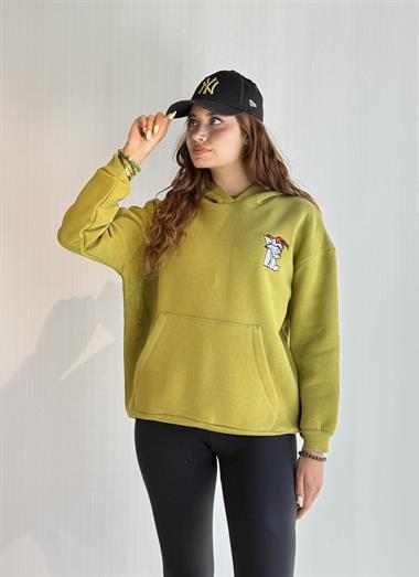 Kadın Kapüşonlu Baskı Detaylı Kanguru Cepli Oversize Haki Sweatshirt 