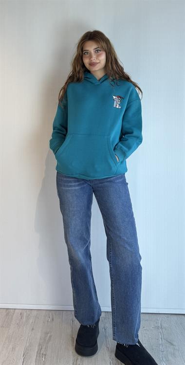  Kadın Kapüşonlu Baskı Detaylı Kanguru Cepli Oversize Mavi Sweatshirt 