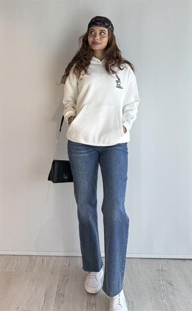  Kadın Kapüşonlu Baskı Detaylı Kanguru Cepli Oversize Ekru Sweatshirt 