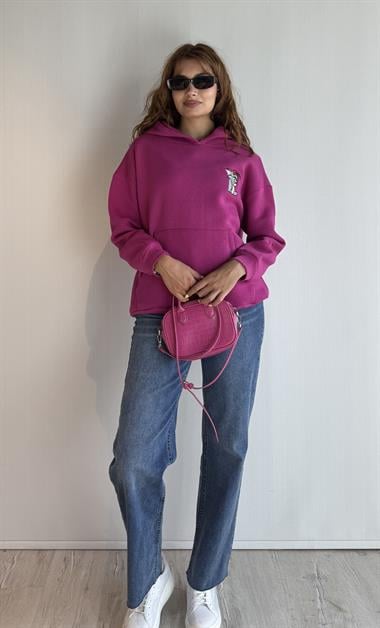  Kadın Kapüşonlu Baskı Detaylı Kanguru Cepli Oversize Fuşya Sweatshirt 
