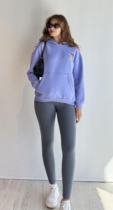  Kadın Kapüşonlu Baskı Detaylı Kanguru Cepli Oversize Lila Sweatshirt 