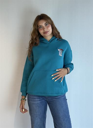  Kadın Kapüşonlu Baskı Detaylı Kanguru Cepli Oversize Mavi Sweatshirt 