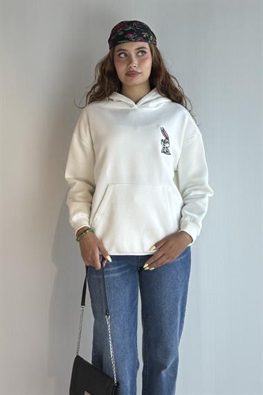  Kadın Kapüşonlu Baskı Detaylı Kanguru Cepli Oversize Ekru Sweatshirt 