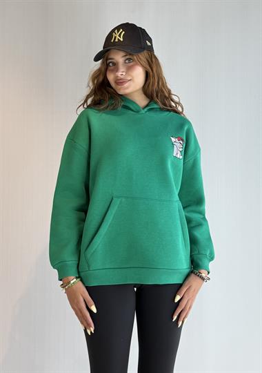  Kadın Kapüşonlu Baskı Detaylı Kanguru Cepli Oversize Yeşil Sweatshirt 