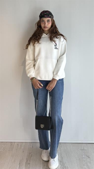  Kadın Kapüşonlu Baskı Detaylı Kanguru Cepli Oversize Ekru Sweatshirt 