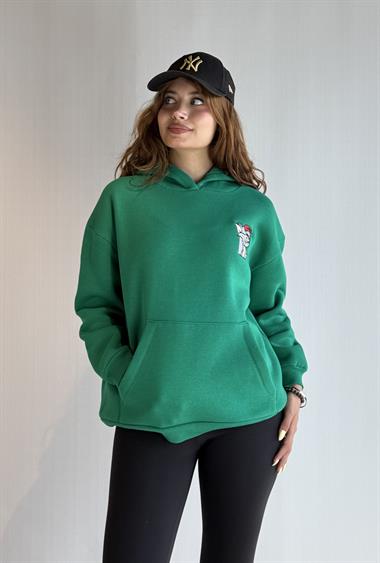  Kadın Kapüşonlu Baskı Detaylı Kanguru Cepli Oversize Yeşil Sweatshirt 