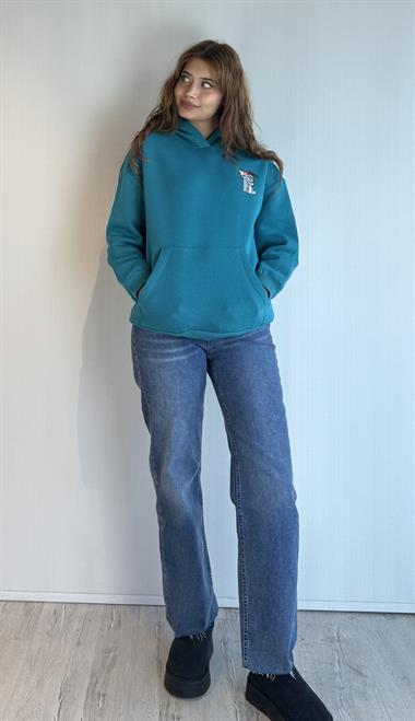  Kadın Kapüşonlu Baskı Detaylı Kanguru Cepli Oversize Mavi Sweatshirt 