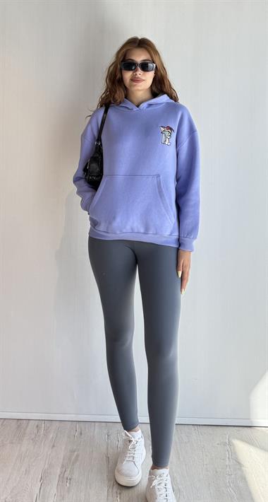  Kadın Kapüşonlu Baskı Detaylı Kanguru Cepli Oversize Lila Sweatshirt 