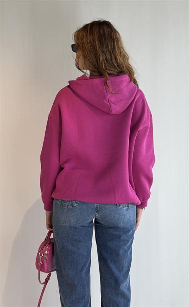  Kadın Kapüşonlu Baskı Detaylı Kanguru Cepli Oversize Fuşya Sweatshirt 