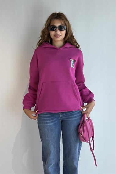  Kadın Kapüşonlu Baskı Detaylı Kanguru Cepli Oversize Fuşya Sweatshirt 