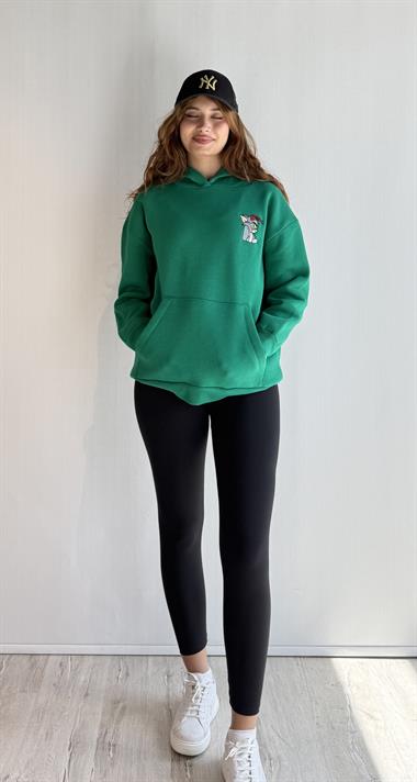  Kadın Kapüşonlu Baskı Detaylı Kanguru Cepli Oversize Yeşil Sweatshirt 