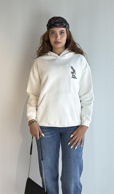  Kadın Kapüşonlu Baskı Detaylı Kanguru Cepli Oversize Ekru Sweatshirt 
