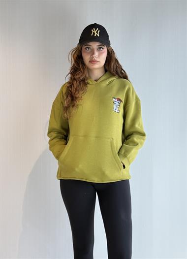  Kadın Kapüşonlu Baskı Detaylı Kanguru Cepli Oversize Haki Sweatshirt 