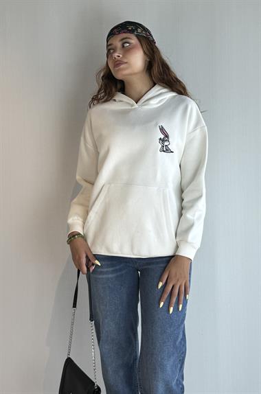  Kadın Kapüşonlu Baskı Detaylı Kanguru Cepli Oversize Ekru Sweatshirt 