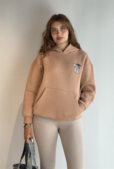  Kadın Kapüşonlu Baskı Detaylı Kanguru Cepli Oversize Bej Sweatshirt