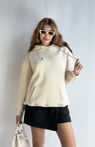  Kadın Kapüşonlu Kanguru Cepli Oversize Sweatshirt - Taş 