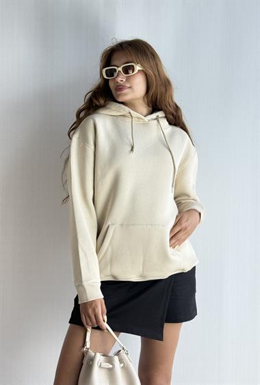  Kadın Kapüşonlu Kanguru Cepli Oversize Sweatshirt - Taş 