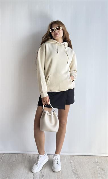  Kadın Kapüşonlu Kanguru Cepli Oversize Sweatshirt - Taş 
