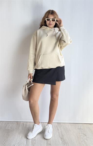  Kadın Kapüşonlu Kanguru Cepli Oversize Sweatshirt - Taş 