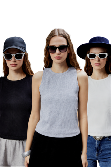 3lü Paket Halter Yaka Kolsuz Basic Crop Bluz ( Siyah - Ekru - Gri )