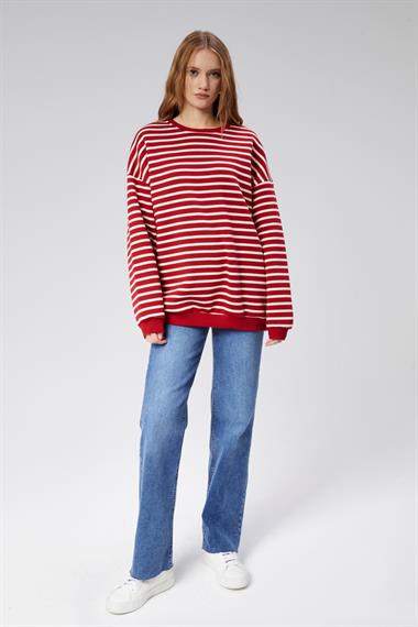 Kadın Bisiklet Yaka Çizgili Uzun Kol Oversize Sweatshirt 