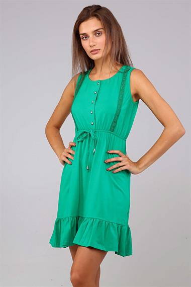 Kadın Yuvarlak Yaka Düğmeli Sıfır Kol Belden Bağlamalı Kısa Mint Yeşili Elbise 