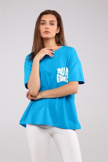 Kadın Bisiklet Yaka Baskılı Kısa Kollu Oversize Tişört - Mavi 