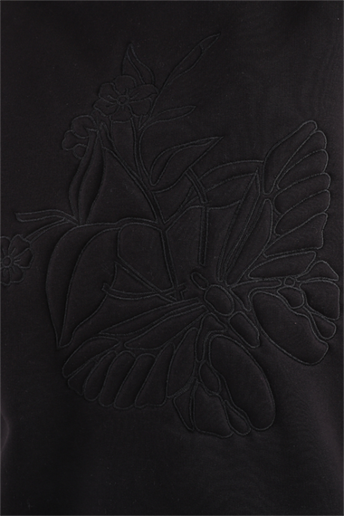 Kadın Bisiklet Yaka Nakış Baskı Detaylı Uzun Kollu Oversize Sweatshirt - Siyah 