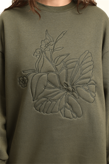 Kadın Bisiklet Yaka Nakış Baskı Detaylı Uzun Kollu Oversize Sweatshirt 