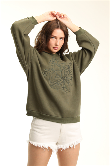 Kadın Bisiklet Yaka Nakış Baskı Detaylı Uzun Kollu Oversize Sweatshirt 