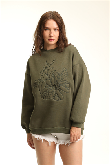 Kadın Bisiklet Yaka Nakış Baskı Detaylı Uzun Kollu Oversize Sweatshirt 