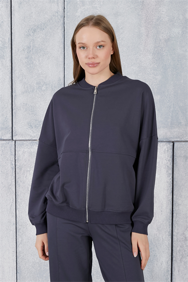 Kadın Kapüşonlu Fermuar Detaylı Hırka Sweatshirt Bel Lastikli Eşofman Takımı 