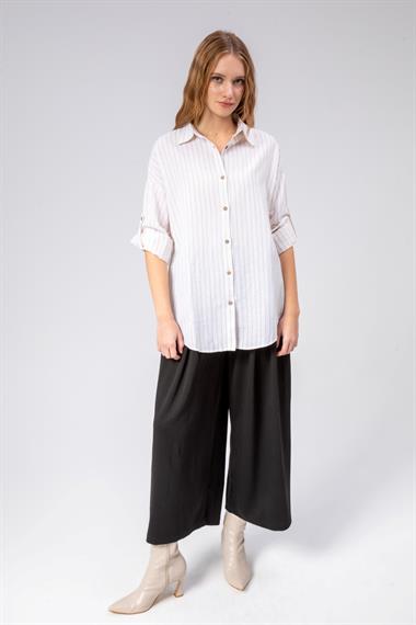 Kadın Çizgili Uzun Kol Oversize Gömlek 