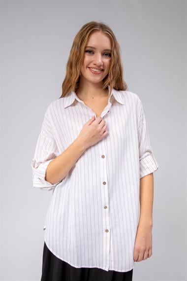Kadın Çizgili Uzun Kol Oversize Gömlek 