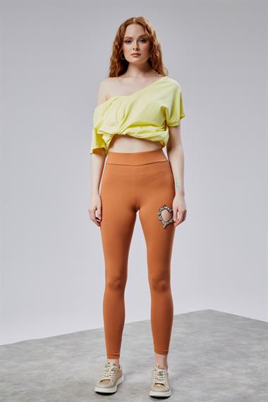 Kadın Kalp Detaylı Yüksek Bel Slim Fit Turuncu Tayt 