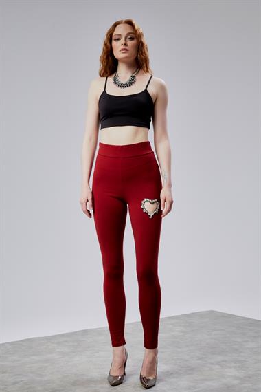 Kadın Kalp Detaylı Yüksek Bel Slim Fit Bordo Tayt 
