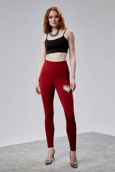  Kadın Kalp Detaylı Yüksek Bel Slim Fit Bordo Tayt 